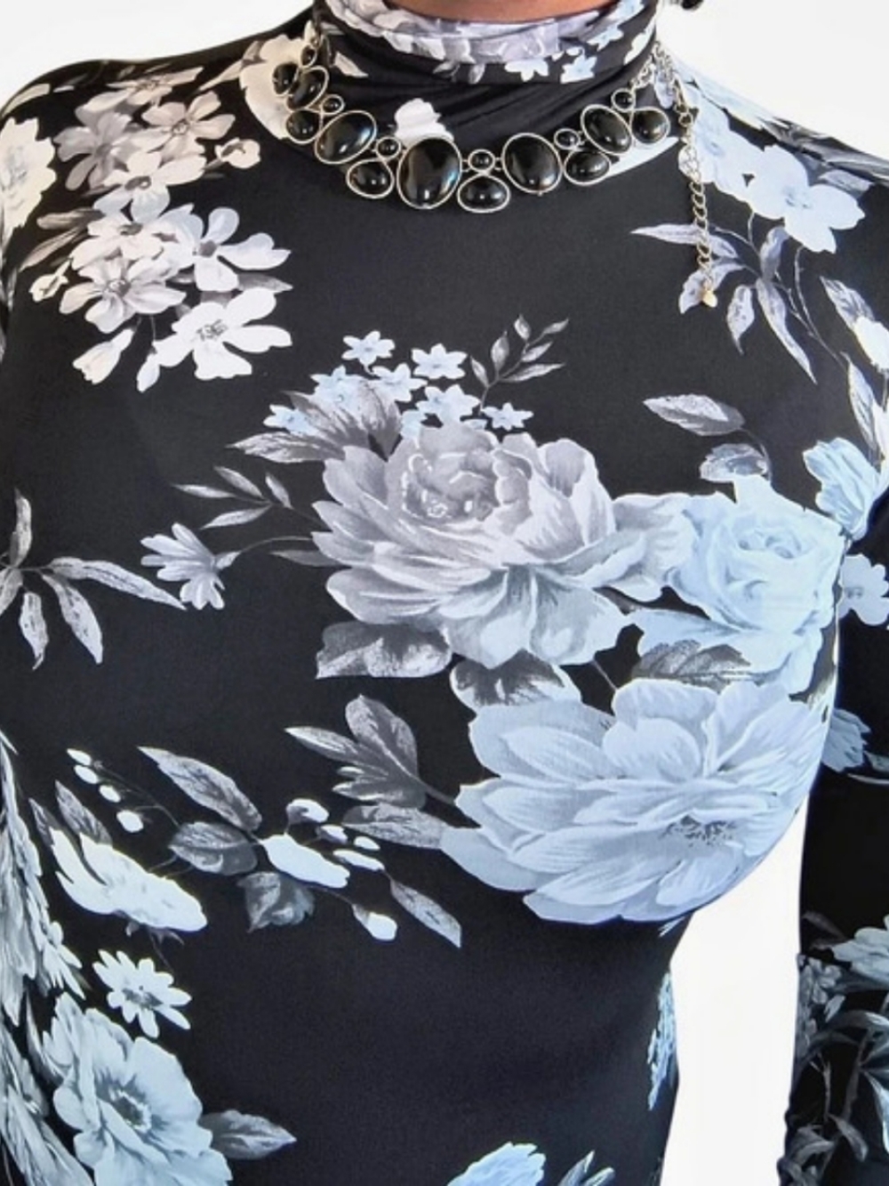 Floral Long Sleeve Top in Black & Blue Like New